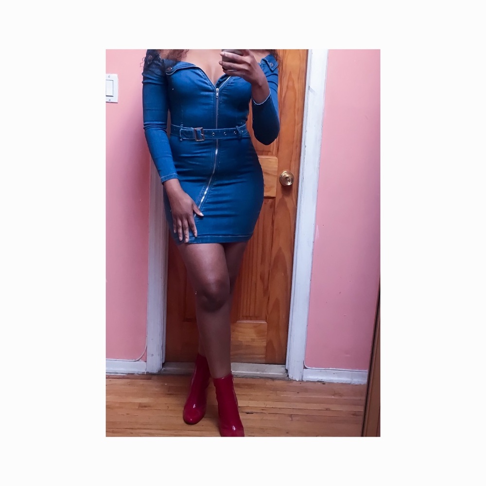 Denim Zip Front Bardot Mini Dress - Picture 5 of 7